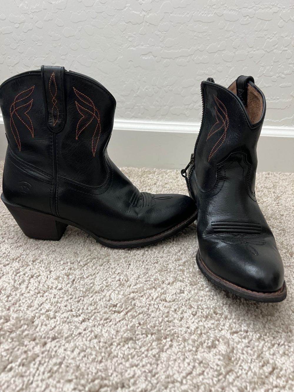 Ariat Darlin’ Black Leather Western Ankle Booties with Orange Stitching